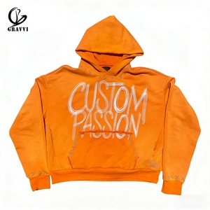 Sweat à capuche personnalisé orange surdimensionné en molleton épais, style streetwear Y2K, avec slogan graphique, poche kangourou, effet vintage délavé - Product Image 1