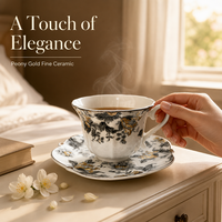 Ensemble tasse et soucoupe à café en céramique, style vintage européen, gris et or, motif floral, bord festonné, finition dorée, pour le thé de l'après-midi, 250 ml, réutilisable, pour la maison
