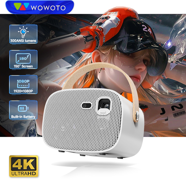 WOWOTO M8-3D Portable Smart Android Projector 2G 4K Support Mini DLP Dual-Band 2.4G/5G WiFi Battery Powered for Business
