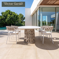 Ensemble de salle à manger d'extérieur en corde tressée, table à bords arrondis, structure en aluminium, 6 chaises de patio, mobilier de jardin pour bord de piscine