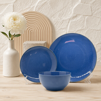 Service de table en porcelaine vintage de luxe personnalisable, 12 ou 16 pièces, avec glaçure réactive bleue, comprenant assiettes, bols et tasses