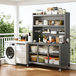 Moderner Stehender Stahlschrank mit Schiebetüren, Rollen und Haken, Extra Große Kapazität für Topfaufbewahrung in Küche und Esszimmer - Product Image 2