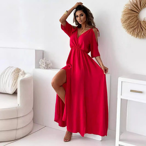 Vestido maxi holgado con aberturas, color liso, transpirable, ecológico, corte A, cintura alta, cuello en V, manga corta, venta al por mayor directamente de fábrica - Product Image 1