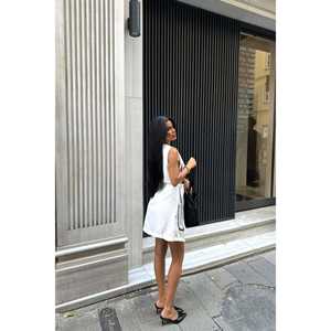 Custom White <b>Dress</b> with <b>Belt</b> Detail Square Collar and Pockets Elegant Casual Style Translucent Feature Free Size-XS to XL - Product Image 2