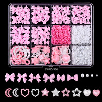 12 compartiments de décorations pour ongles en résine, alliage, strass, fleurs, perles et pierres précieuses, avec motifs ours, rubans roses, nœuds, papillons et cœurs