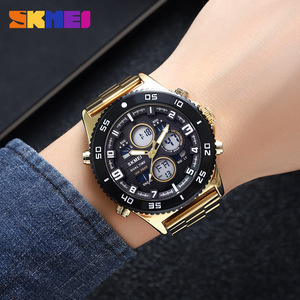 Skmei Men's Dual Time Digital Watch Gold Stainless Steel Band 3Bar Water Resistant Multifunction Quartz Watch - Product Image 4