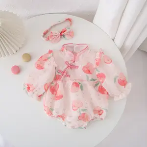 Baby Meisjes Fruit Print Korte Mouwen Borduurwerk Rompertjes Pasgeboren Pure Kleur Rompertjes Kleding