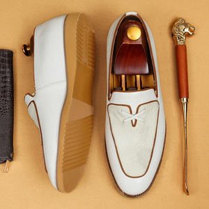 Mocassins en cuir véritable blanc pour hommes, bout rond, à enfiler, respirants, toutes saisons, chaussures décontractées pour affaires - Product Image 3
