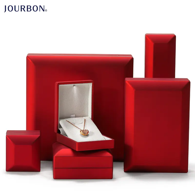 Jourbon Wholesale custom color plastic velvet LED light ring box jewelry set packaging boxes