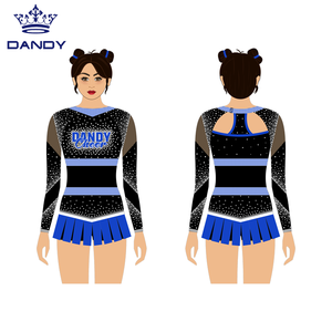 Conjuntos de uniformes de porristas azules con logotipo de apliques de color personalizado, faldas de baile para jóvenes, cristales de licra, ropa de competición - Product Image 4