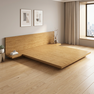 Modern Solid Oak Low Profile Floating Platform <b>Bed</b> <b>Frame</b> with Integrated Side Shelf Japanese Minimalist Bedroom Furniture - Product Image 3