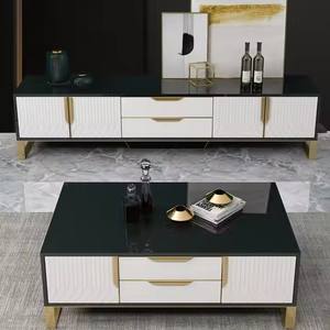 Meubles de salon modernes et luxueux Table basse blanche avec <span class=keywords><strong>pied</strong></span> en acier inoxydable noir Plateau en verre Meuble <span class=keywords><strong>TV</strong></span> Panneau en bois - Product Image 3