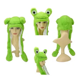 Topi katak bulu imitasi hijau kustom dengan pompa udara dan telinga bergerak topi hangat musim dingin anak-anak topi liburan lucu untuk anak-anak remaja