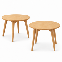 Table de cuisine ronde moderne avec pieds en bois massif, barre transversale renforcée et structure de support triangulaire, style minimaliste