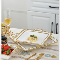 Service de table en céramique de luxe avec bordure dorée en relief, vaisselle royale, assiettes à dîner et bols à dessert dorés