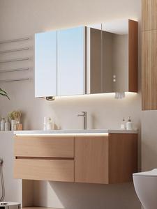 Solid wood color ceramic integrated basin bathroom cabinet combination washbasin washbasin smart mirror cabinet - Product Image 1