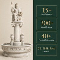 Fontaine en pierre grecque avec statue du roi Cécropus, sceptre, olivier et hibou, pour Villa, Hôtel, Jardin, Parc, Propriété, Place publique