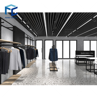 Étagères de présentation de vêtements de marque PENBO haut de gamme personnalisées, couleur personnalisée, meubles pour vêtements pour hommes, verre, bois, MDF inclus