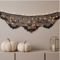 N-CONCEPT Décorations d'intérieur pour Halloween : Écharpe de cheminée en toile d'araignée, couvre-tapis citrouille, rideau de fenêtre, lumière LED IP20 à piles