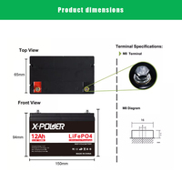 Batterie LiFePO4 X-Power XP-LFP1212, prix usine, petite taille, 12V 12Ah, 6000 cycles, -20~55°C, certifiée UN38.3, pour UPS/Alarme