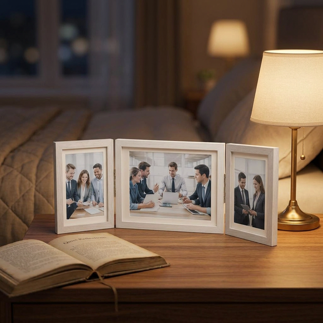 Wholesale Folding Double Sided Photo Frame MDF Tri Fold Picture Display Screen Frame 3 Panel Tabletop Multi Photo Holder