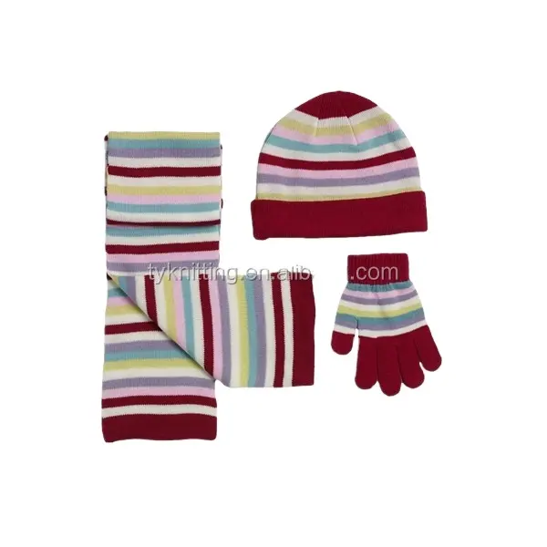 China Factory Hoge Kwaliteit Klassieke Kleur Streep Patroon Winter Warm 3 Stuk Knit Beanie Sjaal Wanten Hoed Set Voor Kids