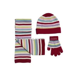 China Factory Hochwertige klassische Farbe Streifen muster Winter Warm 3 Stück Strick Mütze Schal Fäustlinge Hut Set für Kinder