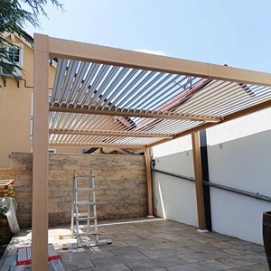 Pergola extérieure en aluminium à grain de bois 3D avec toit à lames orientables, auvent coupe-vent et imperméable pour <span class=keywords><strong>piscine</strong></span>, pavillon, parasol, gazebo - Product Image 3