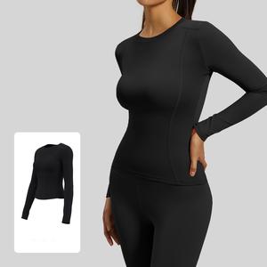 Hauts de sport pour femmes à manches longues, coupe ajustée, séchage rapide, en Spandex/Nylon, respirants, légers, pour fitness et yoga, avec taille ajustée, col ras du cou - Product Image 1