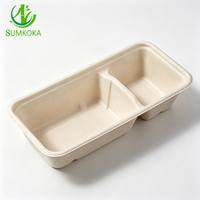 SUMKOKA 600ml 100% compostable en bagasse de canne à sucre, boîte alimentaire rectangulaire à 2 compartiments, conteneur à emporter pour la restauration
