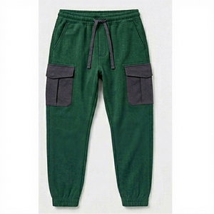 Pantalon de survêtement en coton vert pour homme avec poches cargo, taille élastique et cordon de serrage, style décontracté, idéal pour l'automne - Product Image 1