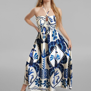 Hot Fornecedor Online Bulk Buying Made in China Halter Neck das mulheres Floral Impresso Casual Summer <span class=keywords><strong>Party</strong></span> Dress 100% Algodão Chiffon - Product Image 2