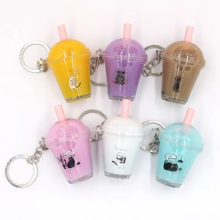 Dễ Thương Ngọc Trai Trà Sữa Lỏng Keychain Mèo Mô Phỏng Mặt Dây Chuyền Túi Quyến Rũ, Bong Bóng Trà Mèo Keyring Chai Nhựa Cup Keychain Mặt Dây Chuyền