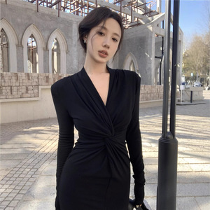 French Style Knotted V Neck Long Sleeve Bodycon Maxi Dress Coffee Black Plus Size Women's Dress - Product Image 4