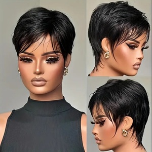 Perruque <span class=keywords><strong>Cheveux</strong></span> Brésiliens Remy Noir Naturel <span class=keywords><strong>Courts</strong></span> à Couper <span class=keywords><strong>avec</strong></span> <span class=keywords><strong>Frange</strong></span>, Bonnet en Filet Rose, Ajustement Sécurisé, Densité 150%, Pour Coiffures Quotidiennes et Formelles - Product Image 5