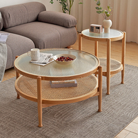 Nouvelle conception nordique moderne, meubles de salon, table basse ronde en verre avec cadre en bois massif et rotin