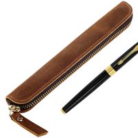 HaoRan Pocket Protect Holder Maker Customization Golf Pencil Bags for Men Leather Bulk Crazy Horse Leather Pen Pouch Handmade