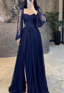 Abito <span class=keywords><strong>lungo</strong></span> elegante da donna in pizzo <span class=keywords><strong>con</strong></span> maniche lunghe, corsetto e <span class=keywords><strong>spacco</strong></span>, ideale per invitati a matrimoni - OEM/ODM, Tendenza 2026 - Product Image 3