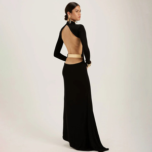 Vestido de Noche sin Espalda, Manga Larga, Largo hasta el Suelo, con Cinturón Metálico, Elegante, Color Sólido, Ropa Formal para Mujer - Product Image 4