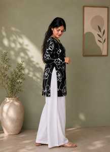 Robe de plage noire à imprimé floral pour femme, col en V, manches longues, tunique courte, pour la plage, les vacances, le quotidien, viscose/coton, séchage rapide, respirante - Product Image 3