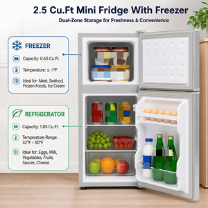 מקרר מיני 2.5 /2.6Cu.Ft, מקרר קומפקטי דו-אזור עם מקפיא, תאורה פנימית, רגליים יציבות, אידיאלי לחללים קטנים בבית - Product Image 6