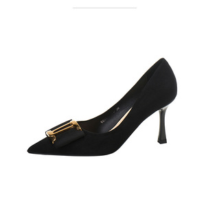 Youjianmei Shoes <b>Black</b> Velvet Pointed Toe <b>Pumps</b> With Gold Buckle High Heel Women's Fashion Shoes - Product Image 5