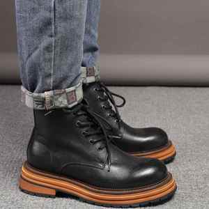 Autumn and Winter New Men's <b>Boots</b> Thick-Soled <b>Boots</b> Genuine Leather Men's Shoes <b>Boots</b> with Lace up and Zipper Combination - Product Image 5