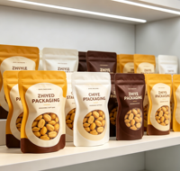 Sachet d'emballage Mylar à fermeture éclair avec fenêtre transparente mate de qualité alimentaire, personnalisable avec logo, pour amandes, noix de cajou et autres snacks, avec encoche de déchirement et base stable