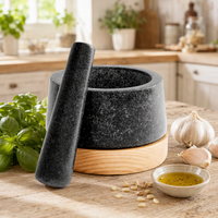 Ensemble mortier et pilon en granit avec base en bois de chêne et pilon extra large pour les épices et le guacamole