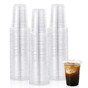 फुकांग अनुकूलित 24 ऑउंस क्लियर पीईटी प्लास्टिक कप डिस्पोजेबल कोल्ड ड्रिंक कप फ्लैट ढक्कन के साथ