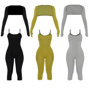 oem summer shrug and calf length bodysuit jumpsuit 2 two piece suit set for women clothing customized tracksuit lounge wear dupe