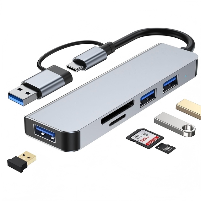 Sunrise Double-Head 5-in-1 Hub Docking Station USB 3.0 Aluminum Alloy with TF/SD Card Support for Laptops Smartphones & Desktops