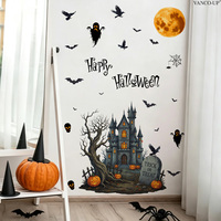 Stiker Dinding Halloween Motif Kelelawar Hitam dan Kastil Laba-laba, Dekorasi Dinding Rumah Perekat Sendiri untuk Suasana Seram