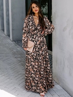 Nouvelle Robe Longue Élégante 2026 à Col en V Profond et Motifs Floraux, Manches Longues, Effet Amincissant, Ensemble Robe Femme Chic